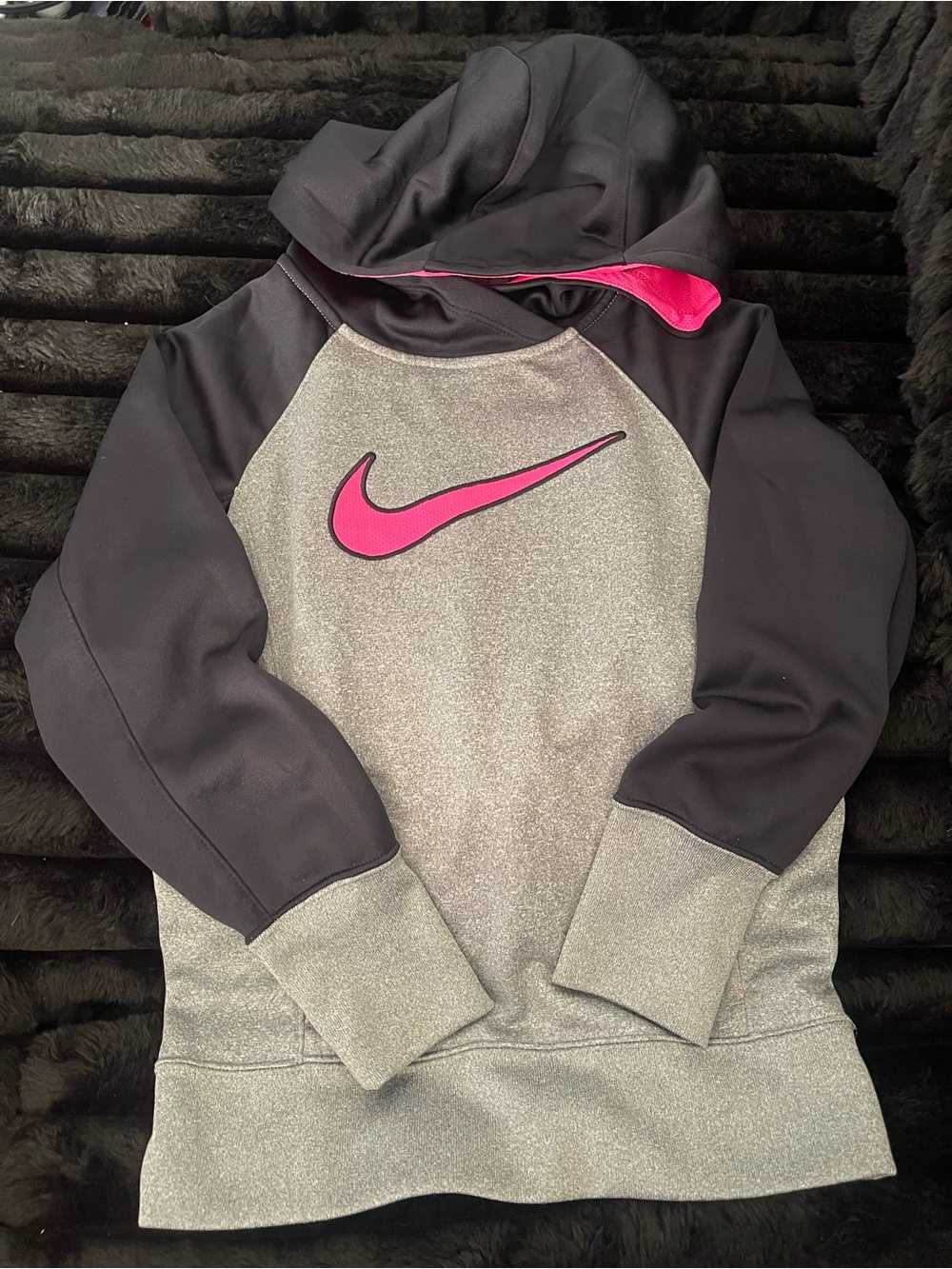 Nike Girls Gray & Black Hooded Pullover with Pink Swoosh